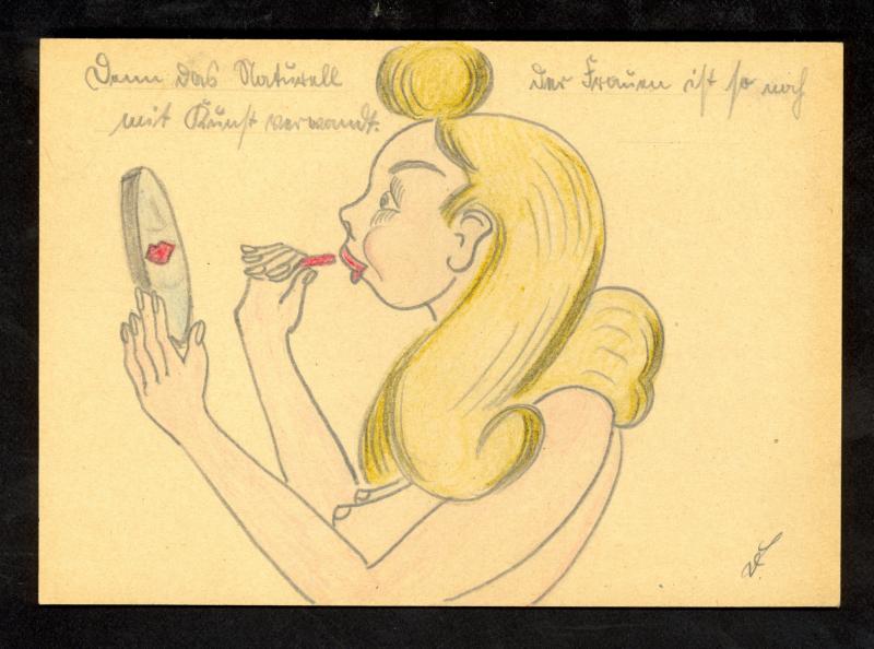 GERMANY WW2 FELDPOST CARD Artist Drawing of NUDE Blonde Girl Applying LIPSTICK