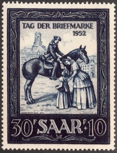 1952 Saar Sc #B91  Post rider on horseback delivering mail. MNH stamp Cv$12