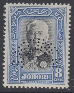 SG 130 Malaya Johore 1940. 8c black & pale blue, overprinted ‘perf’ specimen...