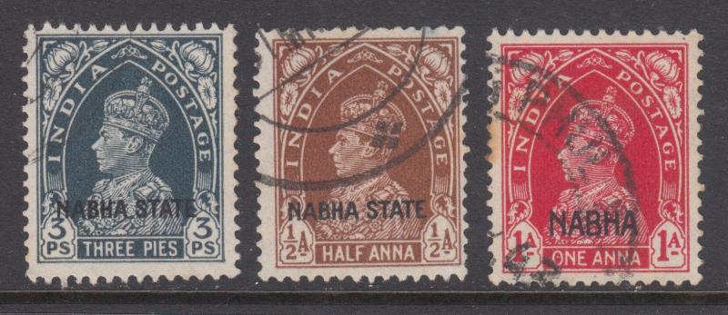 India, Nabha Sc 69,70,90 used. 1936-38 3 diff KGVI with NABHA ovpts, F-VF 