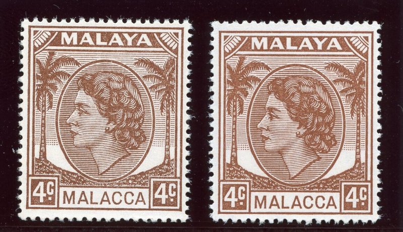 Malaya- Malacca 1954 QEII 4c in both listed shades superb MNH. SG 25, 25a.