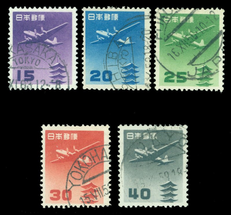 JAPAN 1952-62  AIRMAIL - PAGODA & PLANE  YEN UNIT  Sk# A22-A26 used