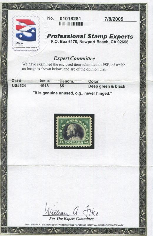 1919 US Stamp #524 $5 Mint Never Hinged VF Catalogue Value $525 Certified