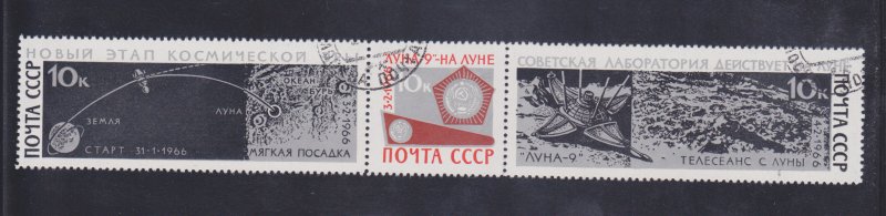 Russia Stamps: 1966 Luna 9 Moon Landing Issue; #3276a - Strip of 3; CTO