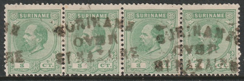 Suriname 1875 Sc 4 strip of 4 used Suriname over St Nazaire transit cancel