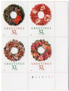 Scott #3252b (3249-52) Christmas Wreaths Plate Block of 4 Stamps - MNH