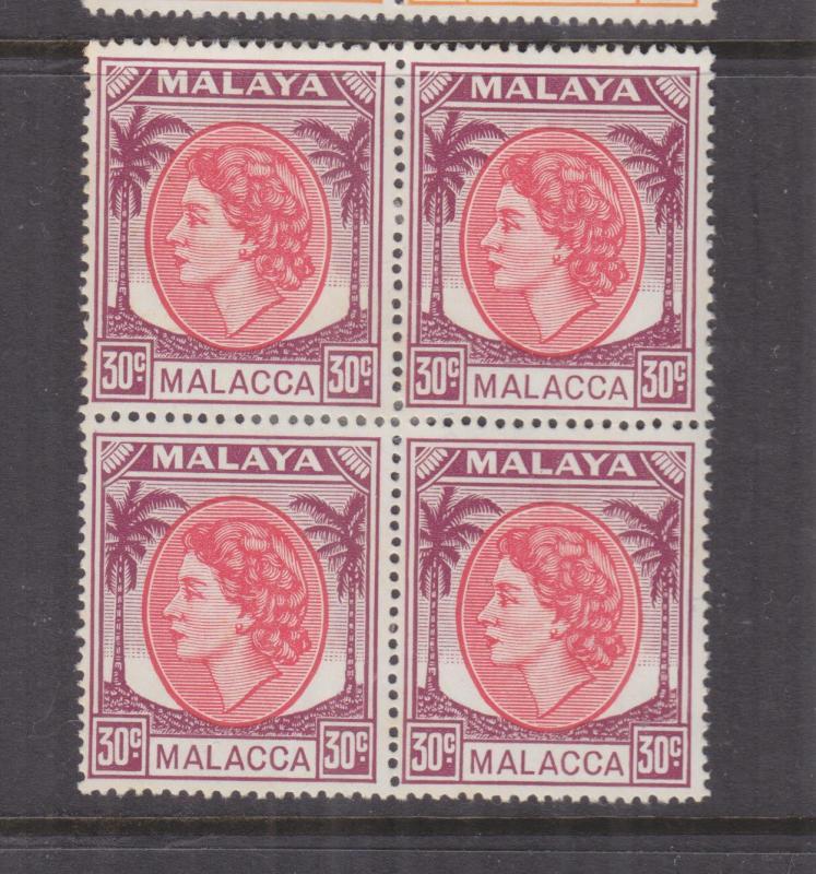 MALACCA, MALAYSIA, 1954 QE 30c., block of 4, heavy hinged.