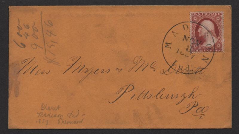 US Sc#26 Claret, Madison Indiana Nov. 8, 1857 CDS