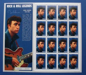 Rock & Roll Legend John Lennon - Palau 1995 16 Stamp Sheet - Scott #384