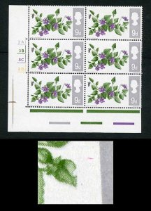 Spec W117b 1967 9d Flowers (Ord) with Notch in Leaf Variety Cyl Block of 6 U/M