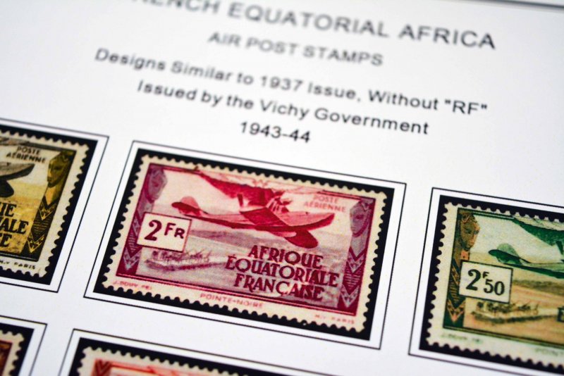 COLOR PRINTED FRENCH EQT. AFRICA 1936-1958 STAMP ALBUM PAGES (30 illustr. pages)