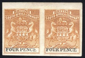 Rhodesia 1895 4d YellBrn&Blk IMPERF PAIR-CERT SG 28a Sc 25a UN Cat £1900($2470)