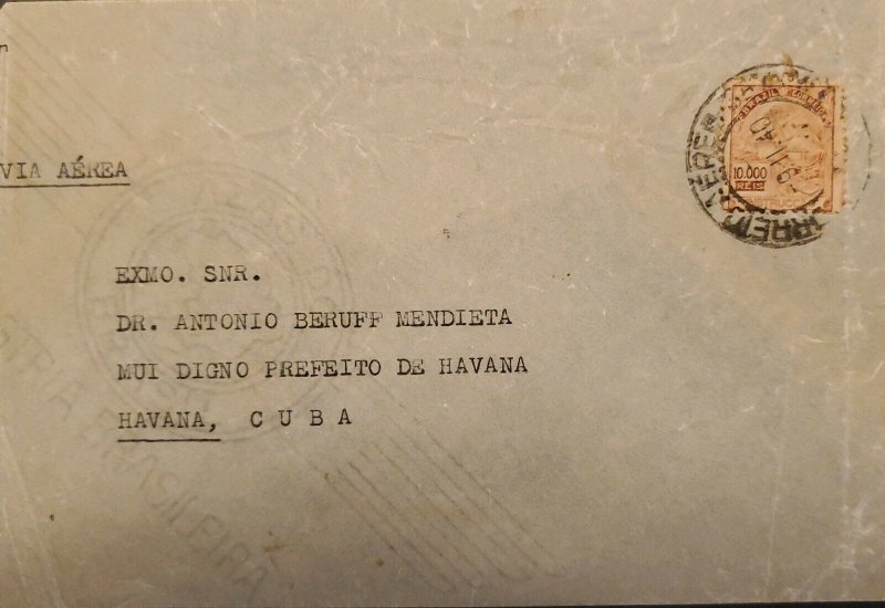 A) 1940, BRAZIL, FROM SAO PAULO TO CARIBBEAN DESTINATION, AIRMAIL, EDUCATION STA 