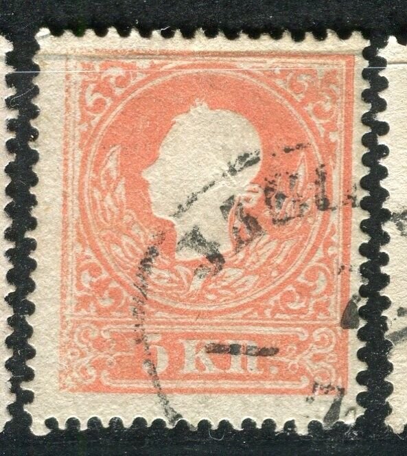 AUSTRIA; 1858 classic F. Joseph issue fine used Shade of 5k. value, Postmark