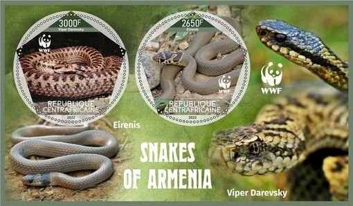 Stamps. Fauna Animals WWF Armenia Snakes  1+1 sheets perforated 2022 year Tsar