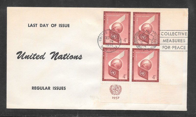 United Nations #C5 Inscription Block of 4 Last Day of Issue Cachet (my2883)