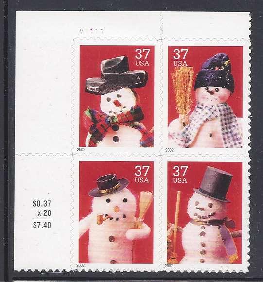 Catalog # 3676 79 Christmas Xmas Snowmen Hats Plate Block of 4 37 Cent Stamps