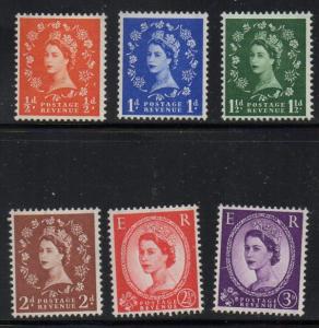 Great Britain Sc 317c-322d 1957-9 QE II graphite lines stamp set mint