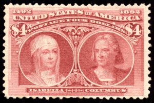 US 244 $4 Columbian Expo 1893 Queen Isabella and Columbus F-VF unused OG hinged