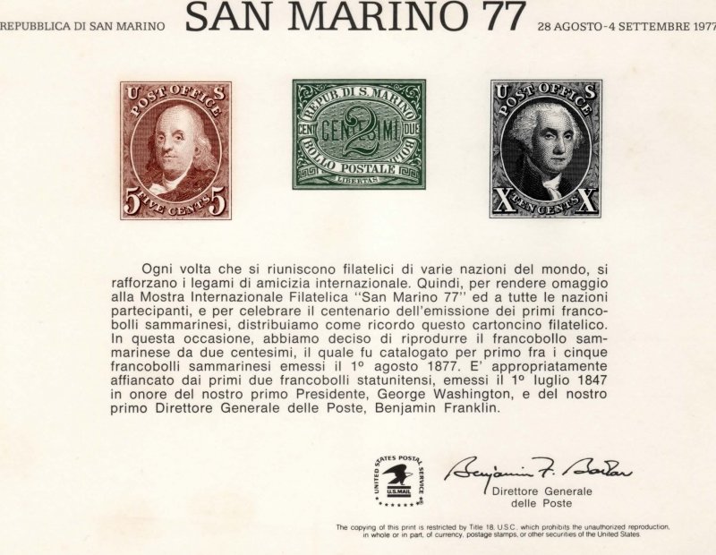 SC57 SAN MARINO 77 Intl Phi Ex San Marino Aug. 28, 1977 #1-2 San Marino 1 Images