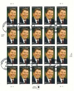 3897 37c RONALD REAGAN - Sheet of 20 with First Day Cancels