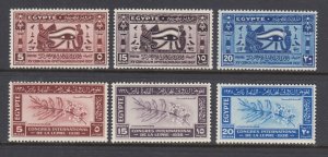 Egypt Sc 220-222 MNH, 231-233 VLH 1935-37 issues, 2 complete sets, fresh, bright