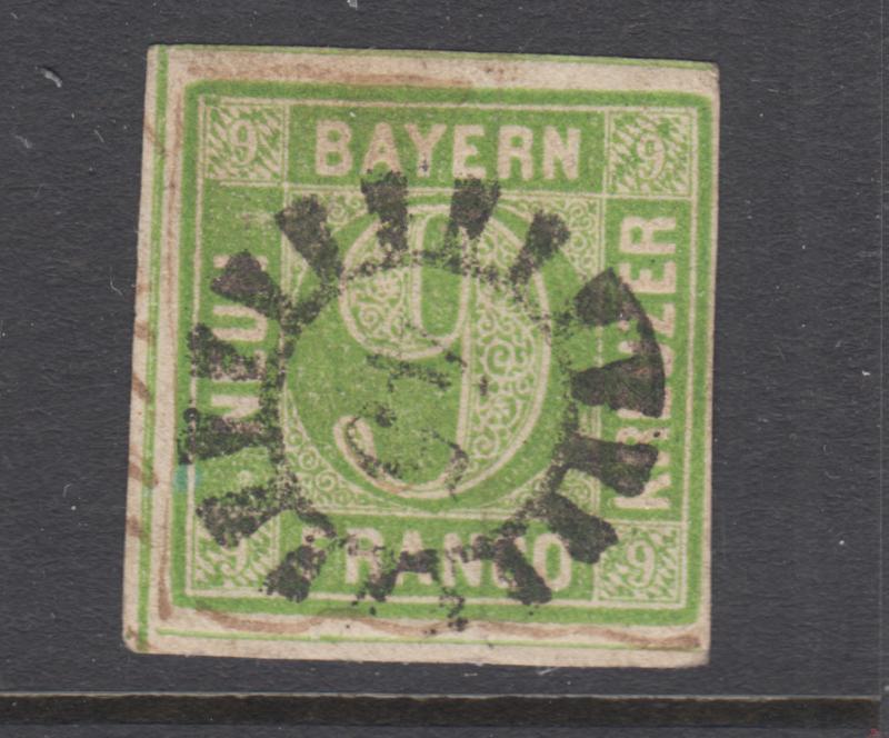 Bavaria Sc 6 used. 1850-58 9kr yellow green Numeral, 45 closed Millwheel cancel