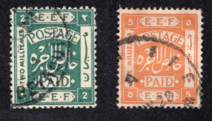 Palestine 1918 2m blue green and 5m orange, Scott 5, 8 used, value = 85c