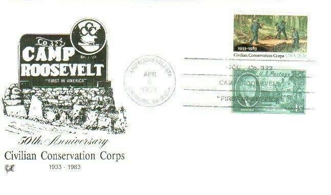 Camp Roosevelt 2037 Civilian Conservation Corps w/ .01 FDR Stamp Camp Roosevelt