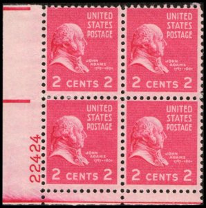 US #806 ADAMS MNH LL PLATE BLOCK #22424