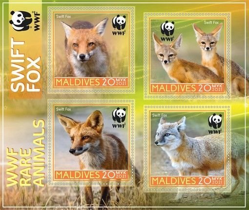 Stamps. Fauna Animals WWF Fox  1+1 sheets perforated 2021 year Maldivies