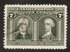 1908 Canada Sc# 100 - 7¢ Quebec Tercentennial  Montcalm & Wolfe. Used Cv$100 usd