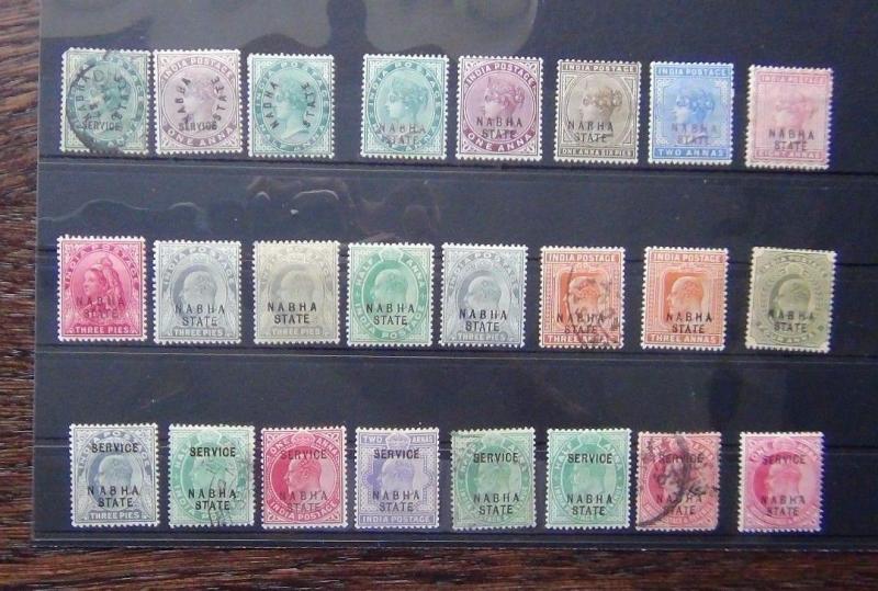 India States Nabha 1885 - 1897 values to 8 1903 Service issues to 2A MM or U   