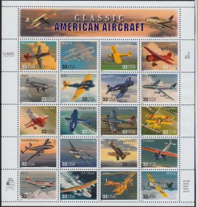 1997 Sc 3142 Classic American Aircraft Full Mint Sheet of 20 different airplanes