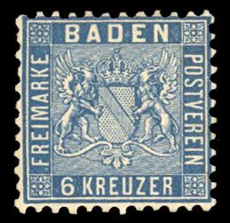 German States, Baden #16 Cat$125, 1862 6kr Prussian blue, hinged, signed Diena