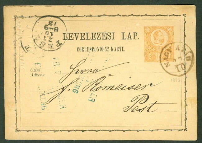 HUNGARY TOWN CANCEL on 1871 2kr POSTAL CARD - NAGY ATAY