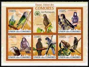 Comoro Islands 2009 Parrots perf sheetlet containing 5 va...