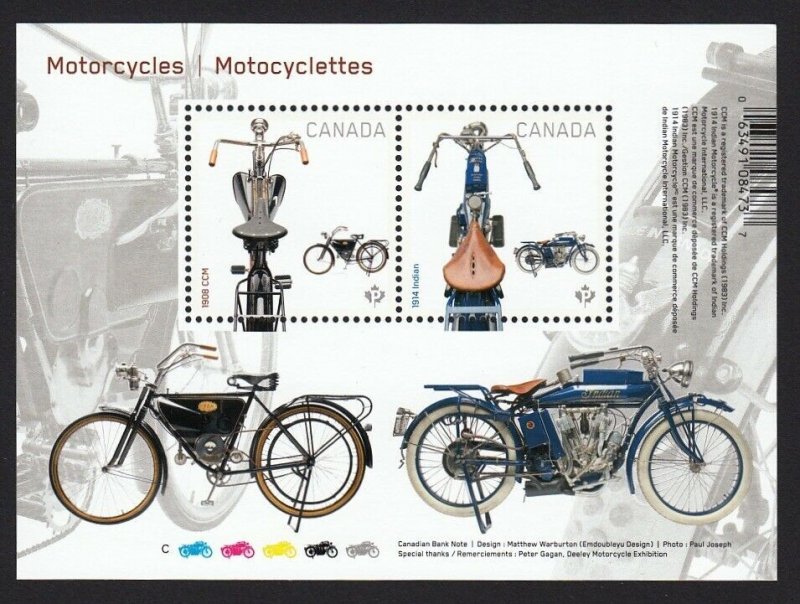 VINTAGE MOTORCYCLES = 1914 INDIAN & 1908 CCM = Souvenir Sh MNH Canada 2013 #2646