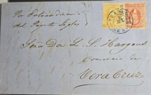 MI) 1856 MEXICO, COVER CIRCULATED TO VERACRUZ, 4 reales WITH RIGHT CUT LINE