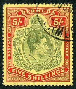 Bermuda SG118b KGVI 5/- Pale Green and Red/yellow Line Perf 14.25 (Ref 28)