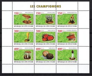 Ivory Coast. 2009 Cinderella issue. Mushrooms sheet of 9. ^