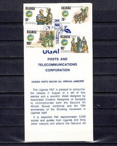 Uganda, Scott cat. 685-688. Scout Anniv., Postal Bulletin. First day cancel. ^