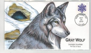 2015 COLLINS HANDPAINTED FDC GEOMETRIC SNOWFLAKE WINTER SCENE GRAY WOLF