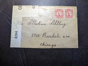 1917 Censored WWI Sweden Cover to Chicago IL USA Albertina Ahlberg