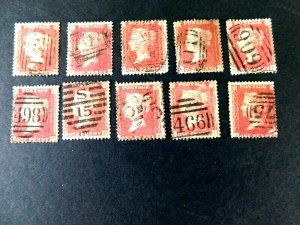 Great Britain #20, Mini Lot of 10, Victoria,1857, most w/number cancels