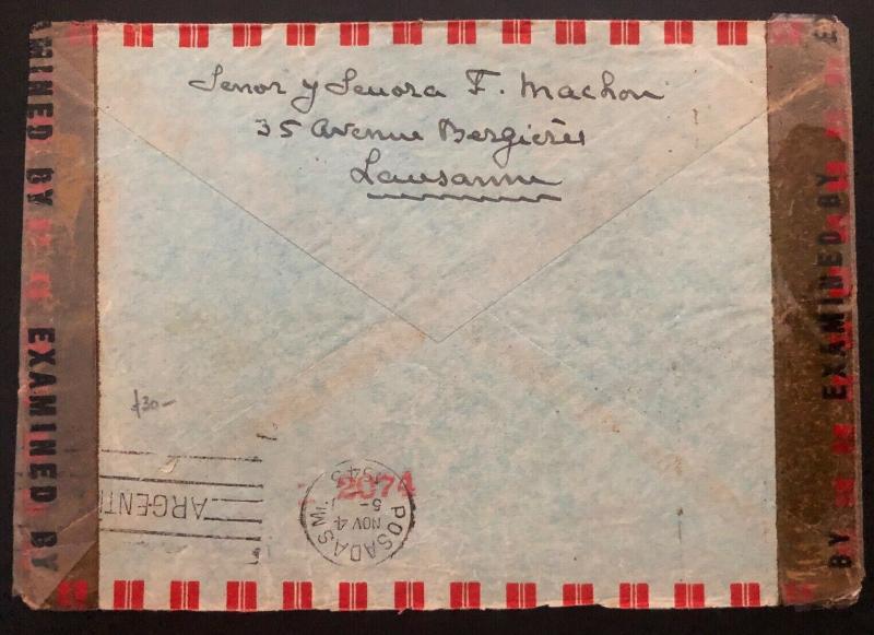 1943 Lausanne Switzerland Censored airmail cover To Posadas Argentina Missionary 