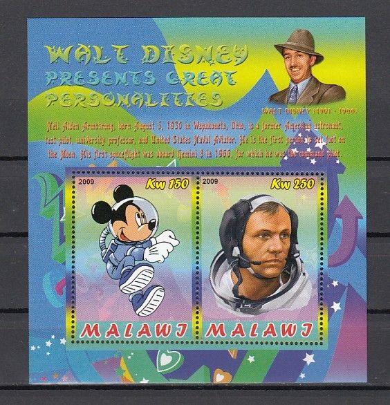 Malawi, 2009 Cinderella issue. Mickey Mouse & Neil Armstrong, Space sheet of 2.