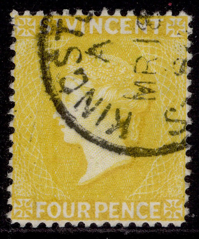 ST. VINCENT QV SG56, 4d yellow, VERY FINE USED. Cat £15. CDS