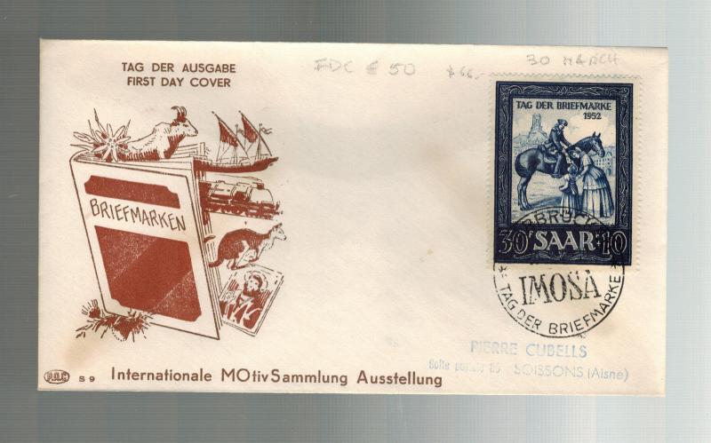 1952 Saar Germany Stamp day Exhibition First Day Cover # B91