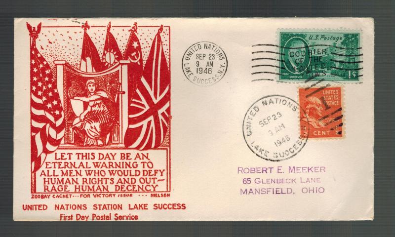 1946 USA Cover Lake Success NY United nations Station to mansfield OH UN